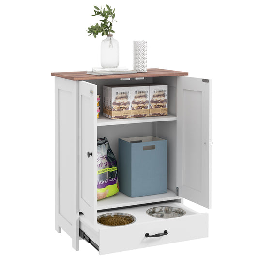 PawHut Pet Feeding Station with Raised Dog Bowls, Adjustable Panel, Hooks, Dog Food Storage Cabinet, White