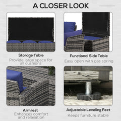 طقم أثاث حديقة من الروطان مكون من 6 قطع من Outsunny، طقم أثاث خارجي من الخيزران مكون من 7 مقاعد مع طاولة شاي وطاولة جانبية للتخزين، طقم أريكة حديقة مقسمة مع وسائد، أزرق داكن