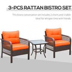 Outsunny 3 Pieces Rattan Bistro Set with Glass Top Coffee Table, Chairs and Cushions for Outdoor, Patio, Balcony, Orange