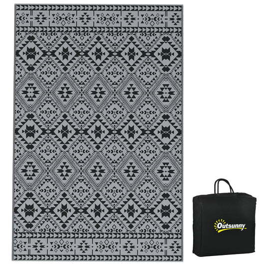 Outsunny 182 x 274cm Reversible Patterned Outdoor Rug, with Bag - Black/Grey