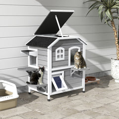 PawHut√Ç 2-story Cat House Outdoor, Weatherproof√Ç Wooden Cat Enclosure for Feral Cats with Escape Door, Openable Roof, Jumping Platforms, Grey