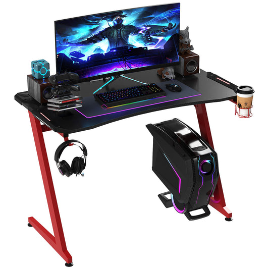 HOMCOM 122 x 66 cm Gaming Desk, Carbon Fibre Covered Computer Desk, Gamer Workstation with Headphone Hook, Cup Holder and Gamepad Storage Rack, Black and Red