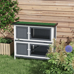 PawHut Double Decker Rabbit Hutch 2 Tier Guinea Pig House Pet Cage Outdoor with Sliding-out Tray, 100 x 47 x 91cm, Grey