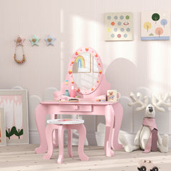 AIYAPLAY Kids Dressing Table Set, Vanity Table with Stool, Mirror, Drawer, Desktop Storage, Strawberry Theme, Pink