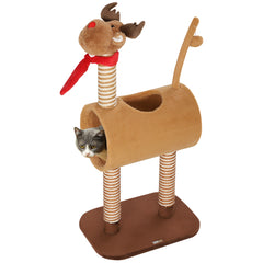 PawHut 98cm Deer-Designed Cat Tree with Scratching Posts, Toy Ball, Tunnel, Brown