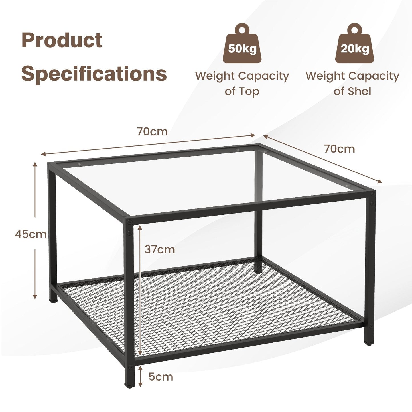 Modern 2-Tier Square Glass Coffee Table with Storage-Black