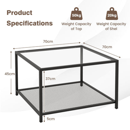 Modern 2-Tier Square Glass Coffee Table with Storage-Black