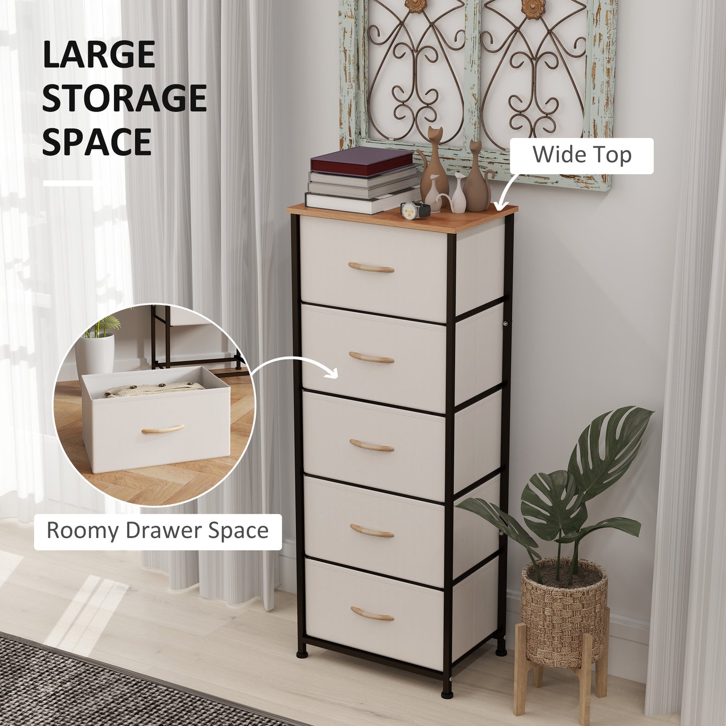HOMCOM Fabric Chest of Drawers, Storage Drawers, Industrial Bedroom Dresser with 5 Fabric Drawers, Steel Frame and Wooden Top for Nursery, Living Room, Hallway, Cream White