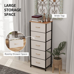 HOMCOM Fabric Chest of Drawers, Storage Drawers, Industrial Bedroom Dresser with 5 Fabric Drawers, Steel Frame and Wooden Top for Nursery, Living Room, Hallway, Cream White