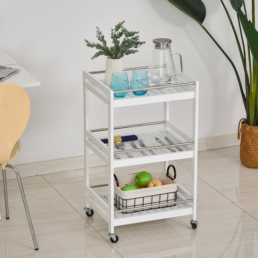 HOMCOM 3-Tier Home Trolley Kitchen Storage Cart w/ Steel Bars 4 Universal Wheels Rolling Unit Organiser Living Room White