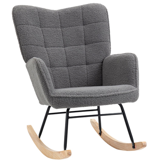 HOMCOM Berber Fleece Nursery Glider Rocker for Nursing, Wingback Rocking Chair for Living Room, Dark Grey