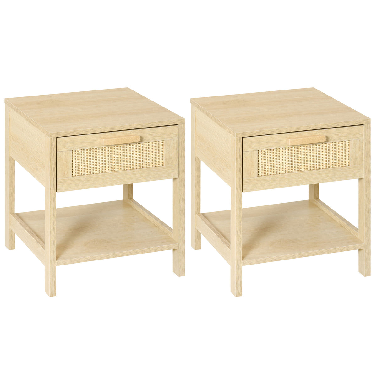 HOMCOM Bedside Table, Nightstand with Rattan Drawer and Storage Open Shelf, Farmhouse Side Table for Bedroom, Living Room, Set of 2