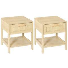 HOMCOM Bedside Table, Nightstand with Rattan Drawer and Storage Open Shelf, Farmhouse Side Table for Bedroom, Living Room, Set of 2