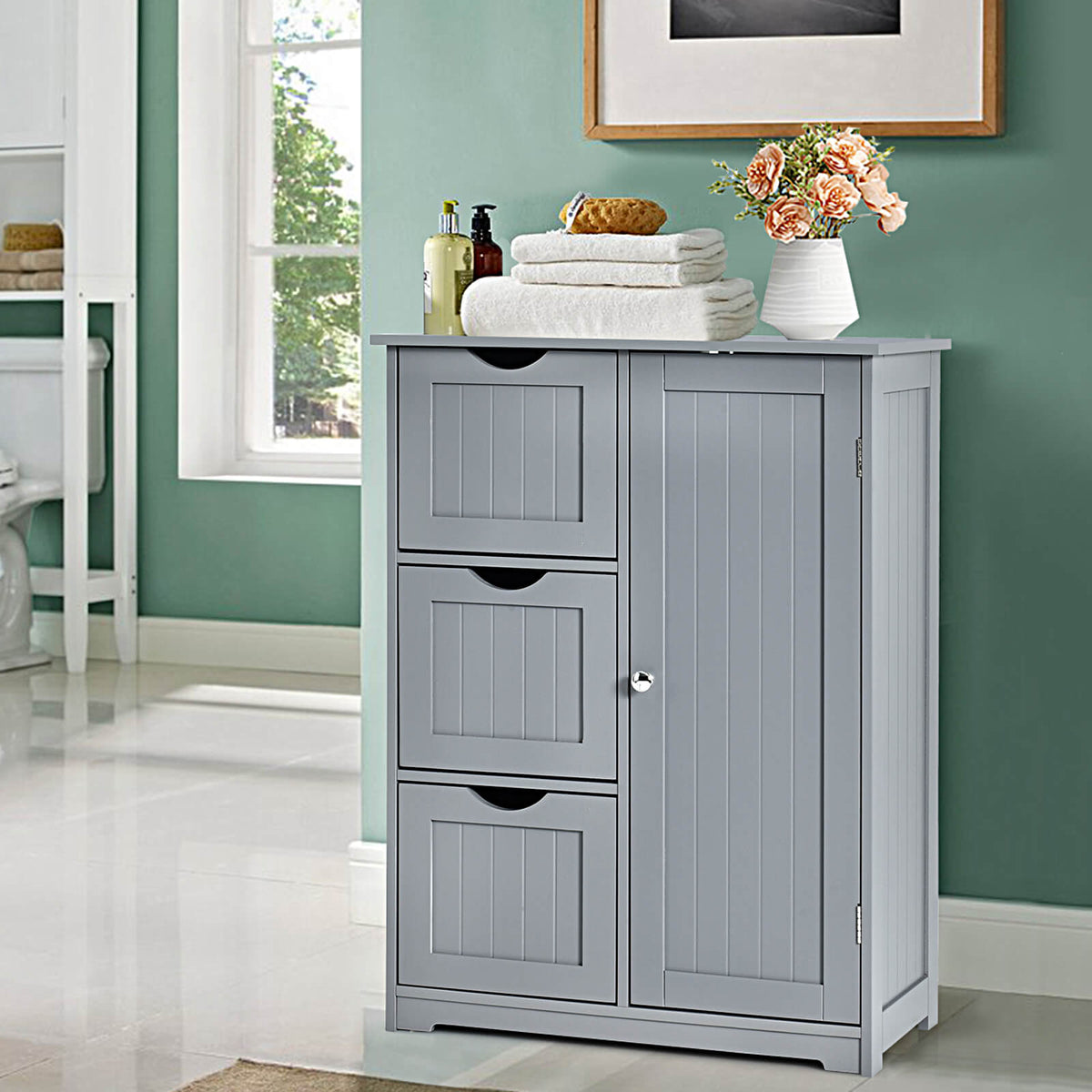 1-Door Freestanding Bathroom Cabinet with 3 Drawers-Grey