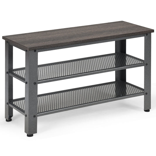 3-Tier Industrial Shoe Rack Bench with Storage Shelf-Grey