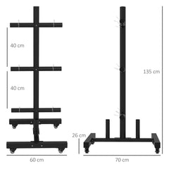 SPORTNOW Weight Rack for Olympic Weight Plate, 3 Tier Weight Tree for 2 inch Plates and Bars, Weight Organiser Stand with 4 Transport Wheels and Clamps for Home Gym, Max Load 200kg, Black