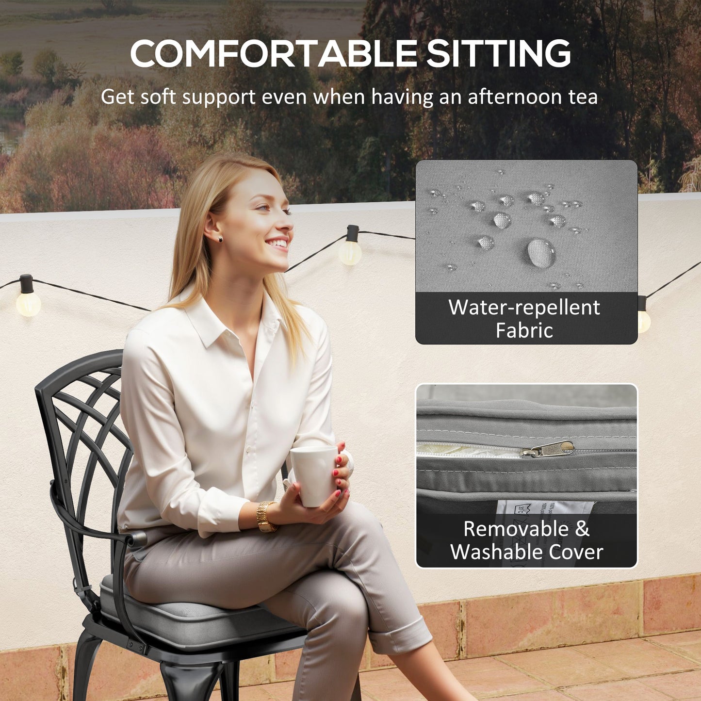 Outsunny 3 Piece Cast Aluminium Garden Bistro Set for 2, Outdoor Coffee Table Set Rust Resistant with Parasol Hole, Cushions, Patio Table and Chairs for Garden, Balcony, Black