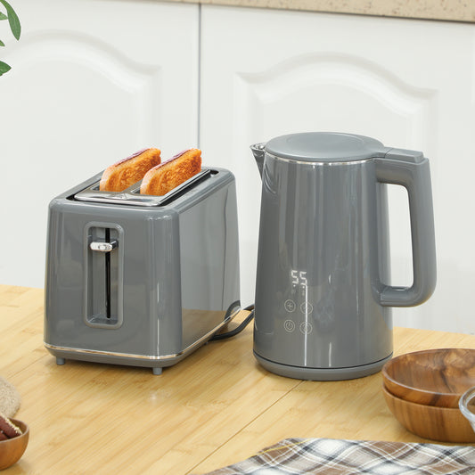 HOMCOM Digital Kettle and Toaster Set, 1.5L 3000W Fast Boil Kettle, 2 Slice Toaster Kitchen Set with 7 Level Browning Controls, Defrost, Reheat, Keep Warm, Crumb Tray and LED Touch Display, Grey