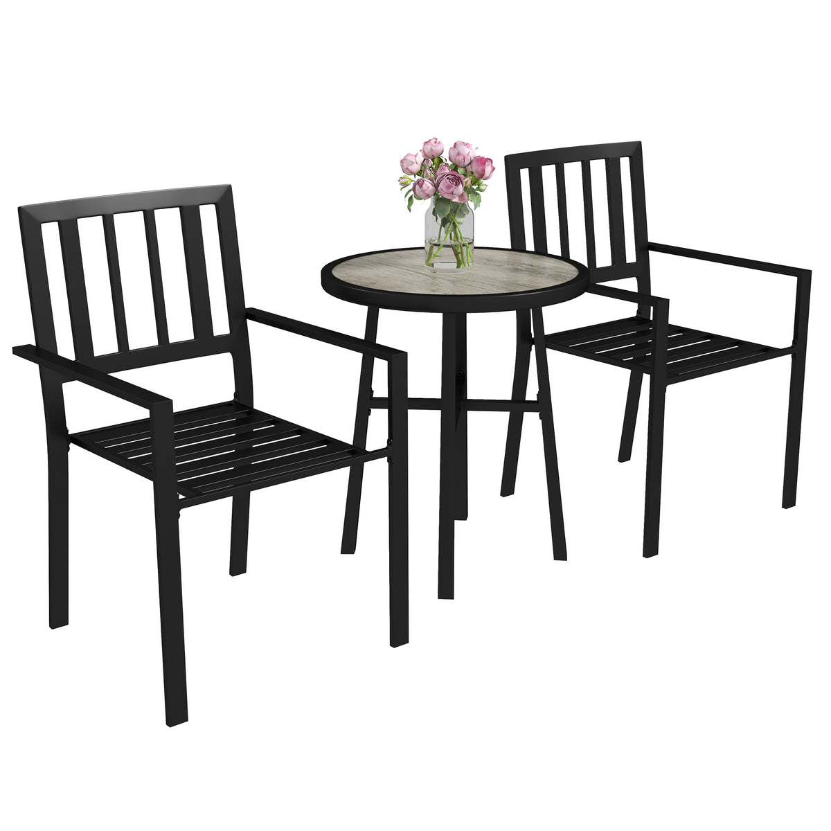 Outsunny 3 Piece Patio Bistro Set with Plastic Top, 2 Stackable Chairs, Galvanised Steel Frame, Grey