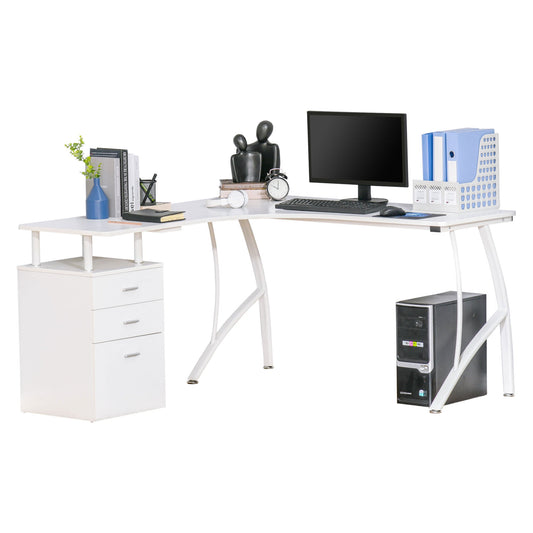 HOMCOM L-Shaped Computer Desk Table with Storage Drawer, Home Office Desk Corner Industrial Style Workstation for A4 Files 143.5 x 143.5 x 76cm, White