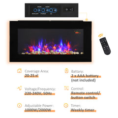 HOMCOM LED Wall Mounted Fireplace Curved Glass Electric Fire Place for Living Room, 1000W/2000W, 48H x 90.8W x 11.5Dcm, Black