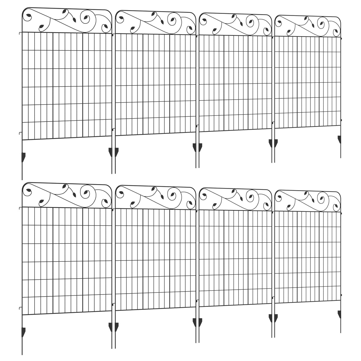 سياج زخرفي للحديقة من Outsunny، 8 قطع من ألواح سياج خارجية مقاس 43 بوصة × 23 قدمًا، سلك معدني مقاوم للصدأ، حافة حديقة زهور، حاجز للحيوانات، أسود