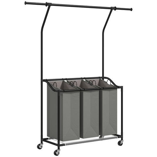 HOMCOM 126L Laundry Sorter, Rolling Wash Basket with Hanging Rail and Mobile 3-Bag Organiser for Bedroom, Bathroom, Laundry Room, 88-149.5L x 40W x 167H cm, Dark Grey