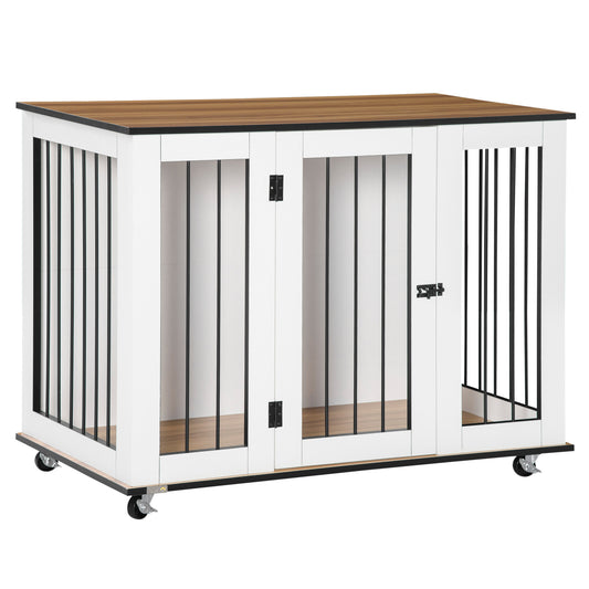 PawHut Dog Crate Furniture, Dog Cage End Table with Wheels, Lockable Door, for Medium Dogs, 106 x 60 x 82 cm - White