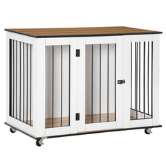 PawHut Dog Crate Furniture, Dog Cage End Table with Wheels, Lockable Door, for Medium Dogs, 106 x 60 x 82 cm - White