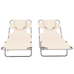 Outsunny Foldable Sun Lounger Set of 2, Beach Chaise Lounges with Reading Hole, Arm Slots, 5-Position Adjustable Backrest, Side Pocket, Pillow for Patio, Garden, Beach, Pool, Beige