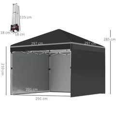 Outsunny 3 x 3 (M) Pop Up Gazebo Event Shelter, Height Adjustable Party Tent with 3 Sidewalls, Weight Bags and Wheeled Bag