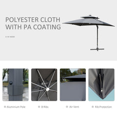 Outsunny 3m Cantilever Parasol, Outdoor Offset Patio Umbrella, Solar LED Lighted Hanging Sun Shade Canopy with Tilt and Crank Handle, Cross Base for Lawn, Beach and Poolside, Grey