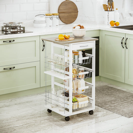 HOMCOM Rolling Kitchen Cart, Utility Storage Cart with 4 Basket Drawers & Side Racks, Wheels for Dining Room, Natural and White