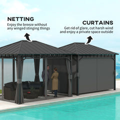 Outsunny 3 x 4m Hardtop Gazebo with Galvanised Steel Roof and Water Gutter, Waterproof Permanent Pavilion Garden Gazebo with Netting and Curtains for Patio, Deck