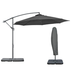 مظلة خارجية معلقة من Outsunny 3(m) Garden Banana Parasol بمقبض كرنك وقاعدة متقاطعة وأوزان وغطاء للاستخدام في الهواء الطلق، مظلة شمسية معلقة، لون أسود