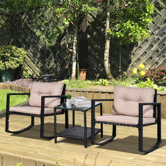 Outsunny 3 Pieces Rattan Garden Rocking Chair Set, Outdoor Rocking Bistro Set w/ 2 Cushioned Armchair and Glass Top Two-tier Coffee Table, Black