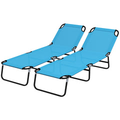 Outsunny Foldable Sun Lounger Set of 2 with 5-Position Adjustable Backrest, Outdoor Portable Recliner Chaise Lounge Chair with Breathable Mesh Fabric, Sky Blue