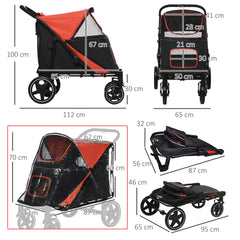 PawHut One-Click Foldable Pet Travel Stroller with Rain Cover, Cat Dog Pushchair with Universal Front Wheels, Shock Absorber, Storage Bags, Mesh Window, Safety Leash for Large and Medium Dogs (Red)