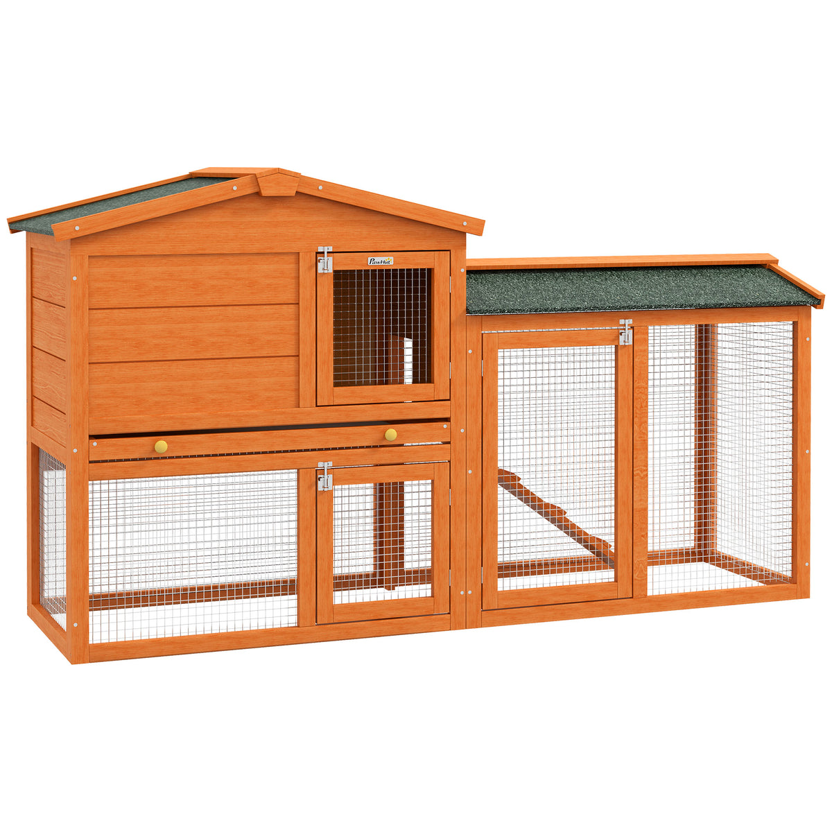 PawHut Two-Tier Rabbit Hutch with Run, Ramp, Slide-Out Tray, for Garden - Orange