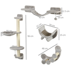 أثاث حائط للقطط من PawHut مكون من أربع قطع، مع أرجوحة، وسلالم، ومنصات، ودرجات، للاستخدام الداخلي - رمادي