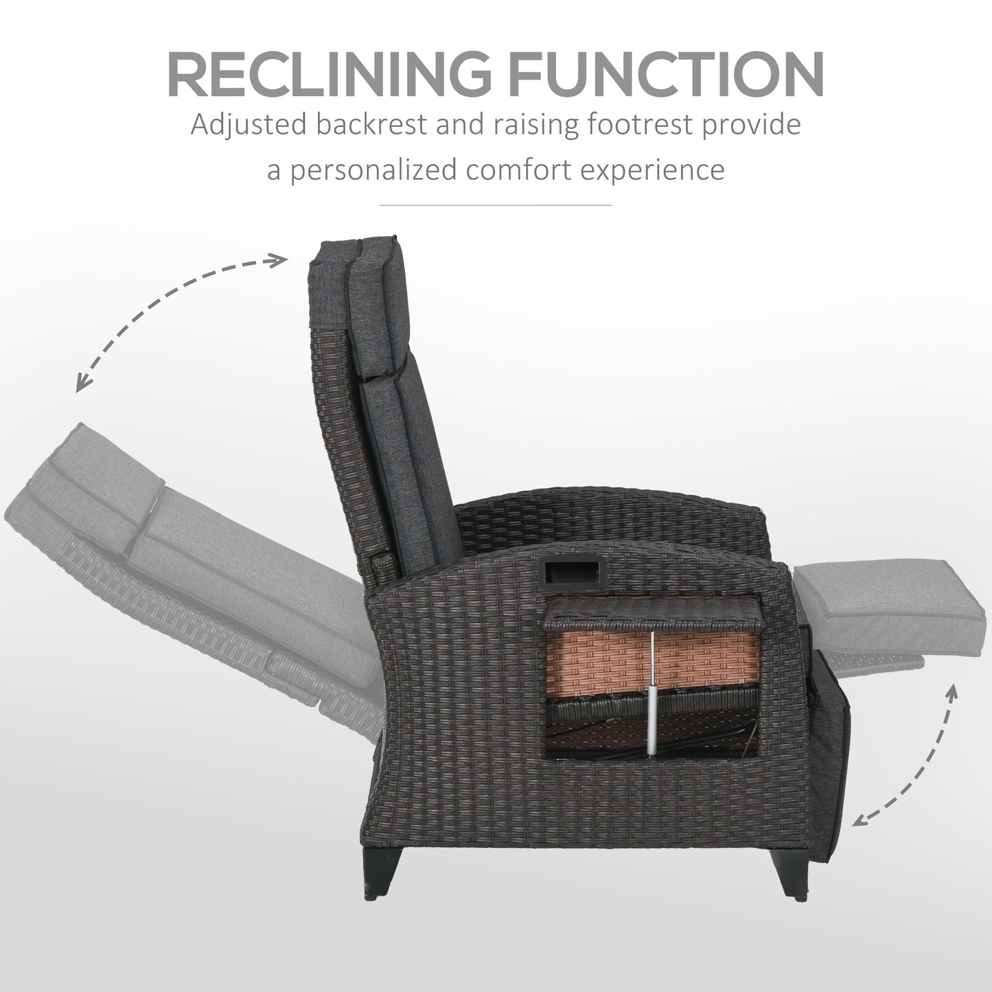 Outsunny Outdoor Recliner Chair with Adjustable Backrest and Footrest, Cushion, Side Tray, Grey