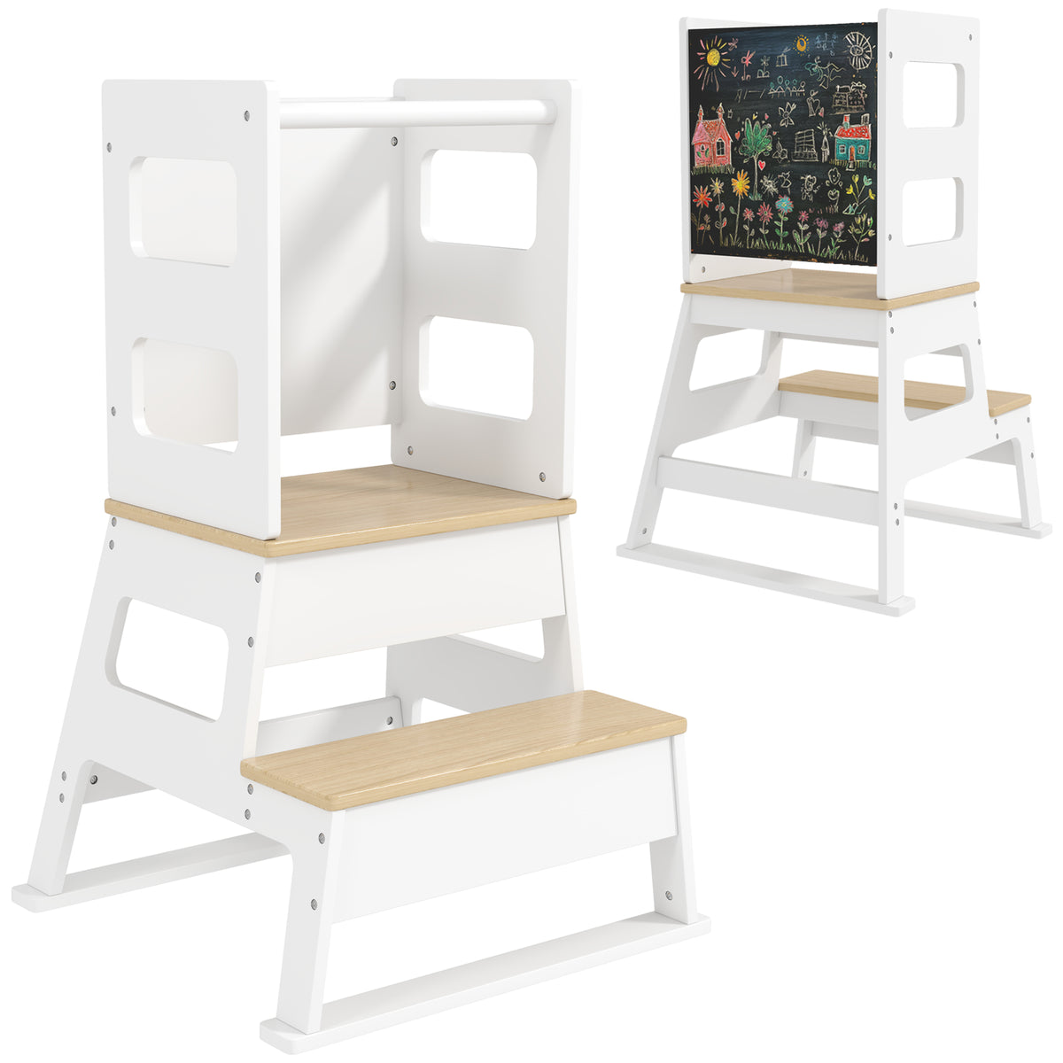 AIYAPLAY 2-in-1 Toddler Tower with Chalkboard, Safety Rail for Kitchen, Counter, Bathroom, Sink, White