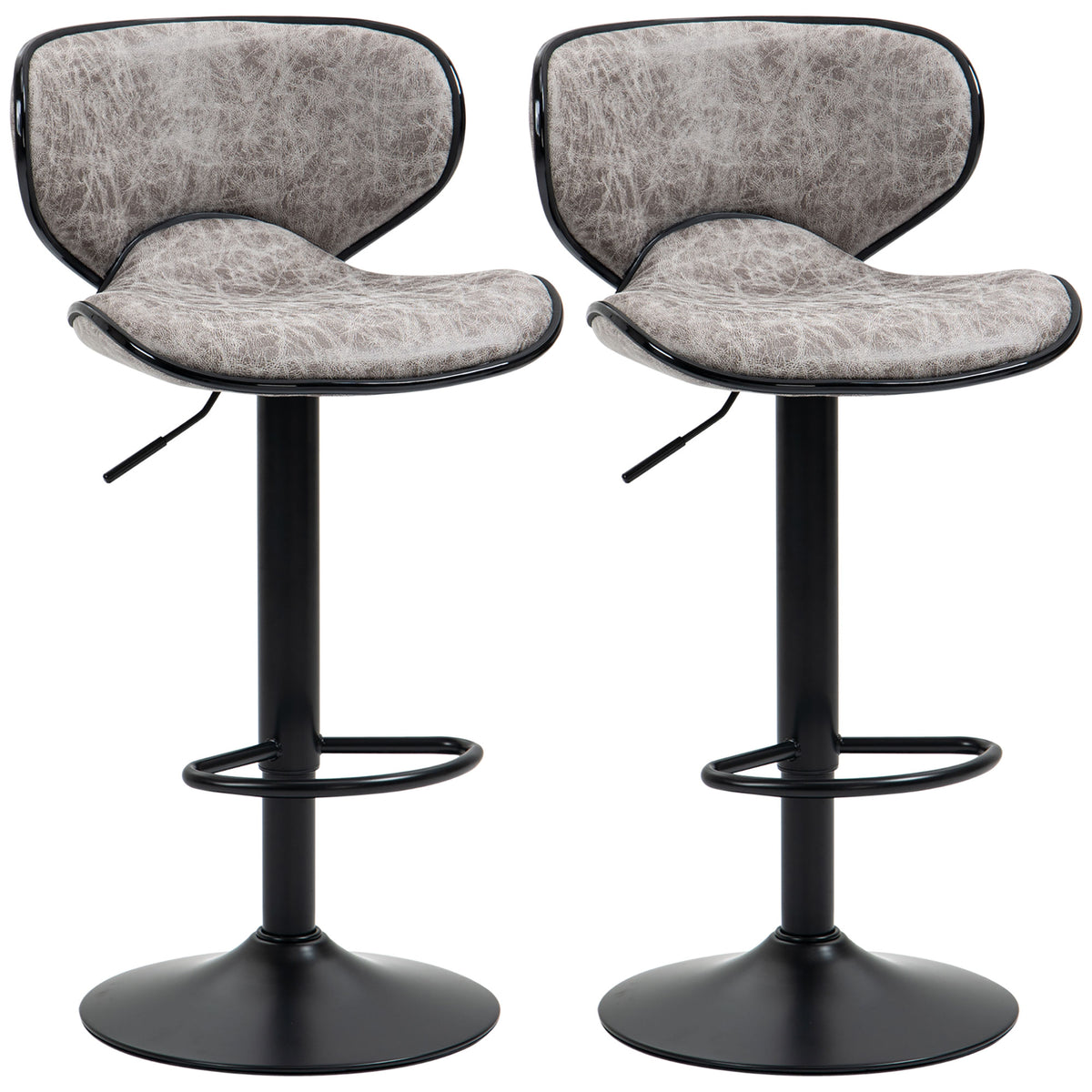 HOMCOM Bar Stool Set of 2 Microfiber Cloth Adjustable Height Armless Chairs with Swivel Seat, Grey