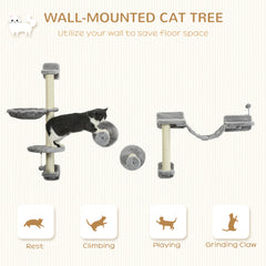 PawHut Four-Piece Cat Wall Furniture with Hammock, Perches, Ladder, Scratching Post, Grey