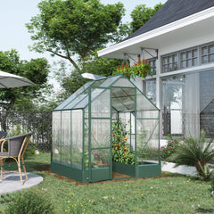 Outsunny 6x6 FT Polycarbonate Greenhouse with Base and Raised Bed, Walk-in Greenhouse with Aluminium Frame, Temperature Controlled Window, Foundation for Plants, Flowers, Vegetable