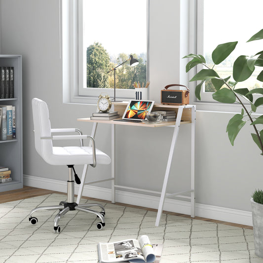 HOMCOM Home Office Chair and Computer Desk Set, Faux Leather Desk Chair with Swivel Wheels, Study Desk with Storage Shelf, White