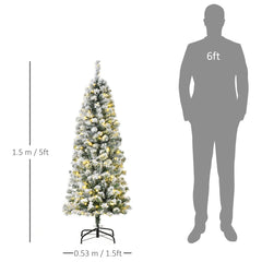 HOMCOM 5FT Prelit Artificial Snow Flocked Christmas Tree with Warm White LED Light, Holiday Home Xmas Decoration, Green White