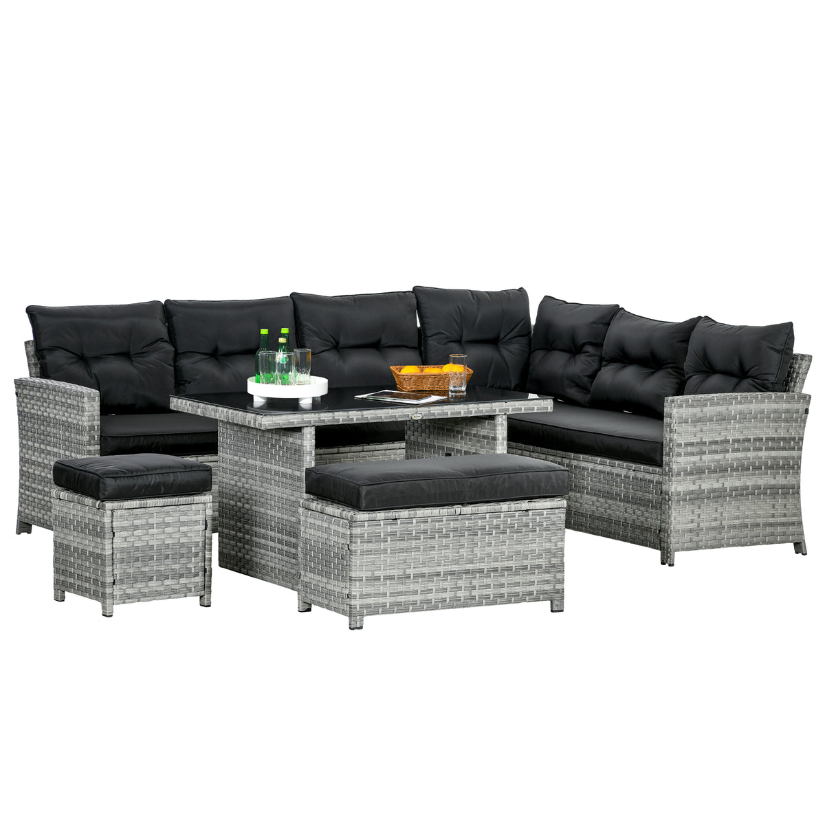 Outsunny 5-Piece Rattan Patio Furniture Set with Corner Sofa, Footstools, Glass Coffee Table, Cushions, Mixed Grey