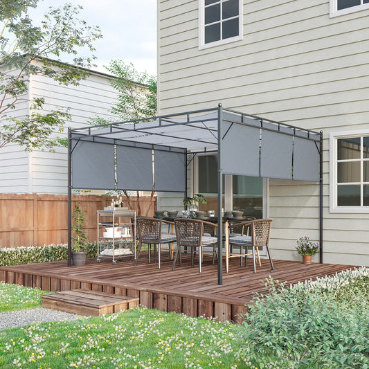 Outsunny 3 x 3(m) Steel Pergola Gazebo with Retractable Roof, Garden Gazebo Canopy Sun Shade Shelter for Outdoor, Deck, Patio, Dark Grey