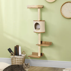 PawHut Wall-Mounted Cat Tree, with Cat House, Bed, Scratching Post - Beige